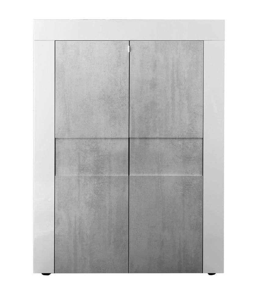 Bahut 2 portes bois laqué blanc brillant et effet béton Lubi - Photo n°1