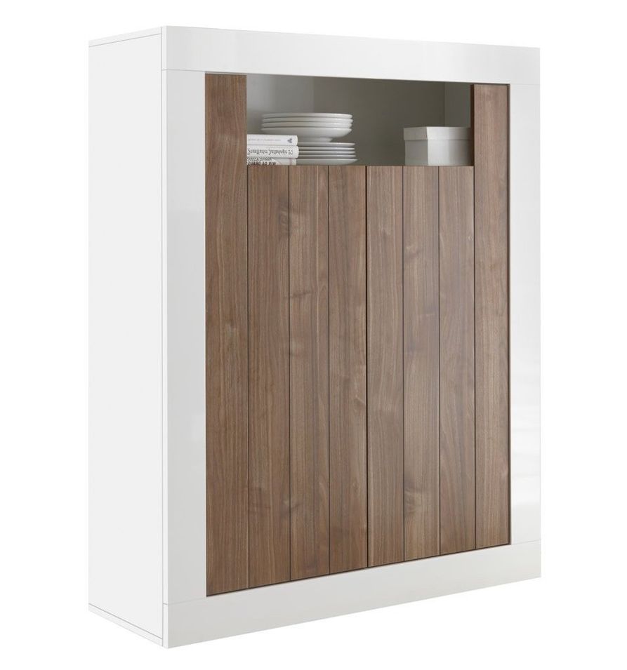 Bahut 2 portes laqué blanc brillant et noyer Pilari L 110 cm - Photo n°1