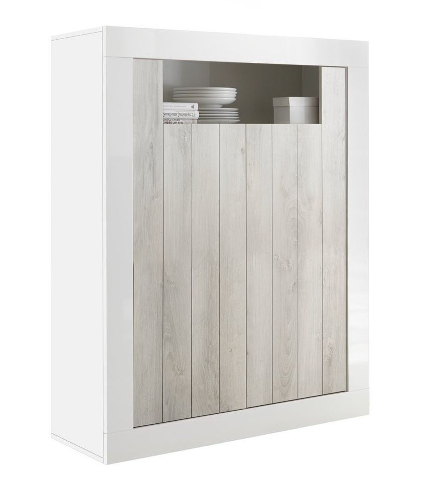 Bahut 2 portes laqué blanc brillant et pin gris Pilari L 110 cm - Photo n°1