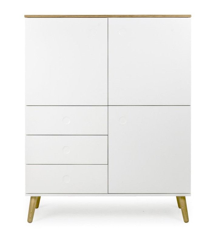 Bahut 3 portes 3 tiroirs laqué blanc et pieds chêne massif clair Pecas 109 cm - Photo n°1