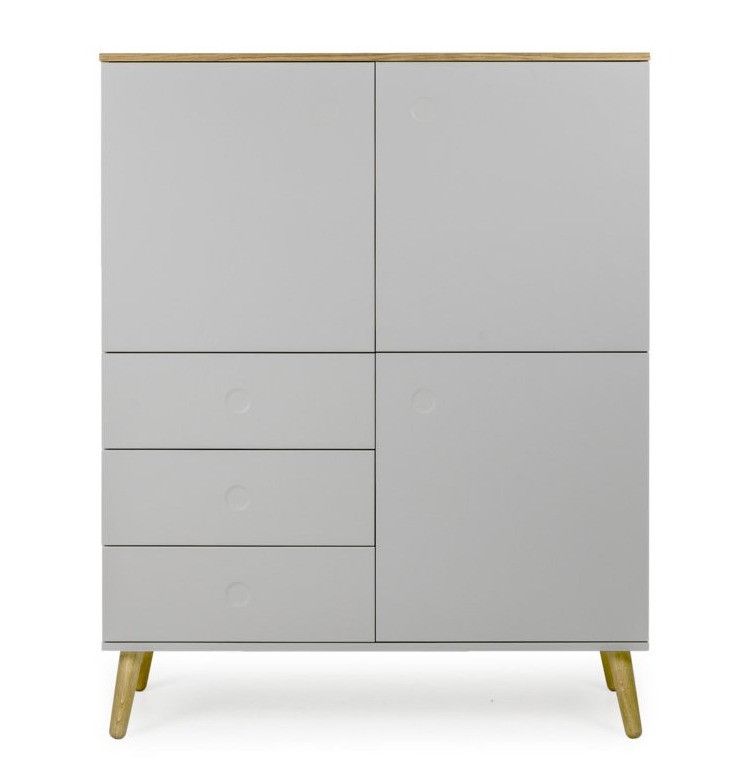 Bahut 3 portes 3 tiroirs laqué gris et pieds chêne massif clair Pecas 109 cm - Photo n°1