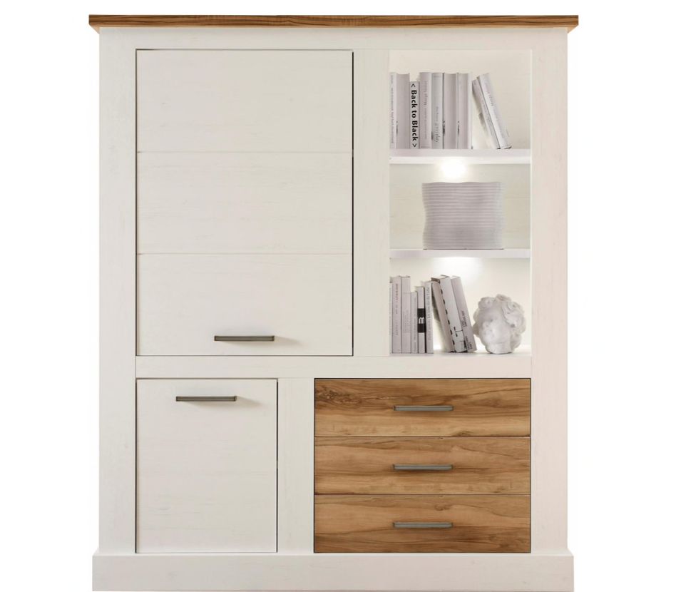 Bahut 4 portes style maison de campagne pin blanc et noyer satiné Kampa 130 cm - Photo n°1