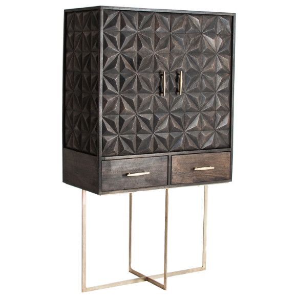 Bahut haut 2 portes 2 tiroirs manguier massif noir et métal doré Perko - Photo n°1