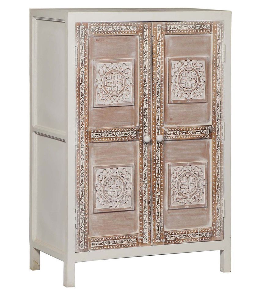 Bahut haut 2 portes bois massif blanc et patiné Douny - Photo n°1