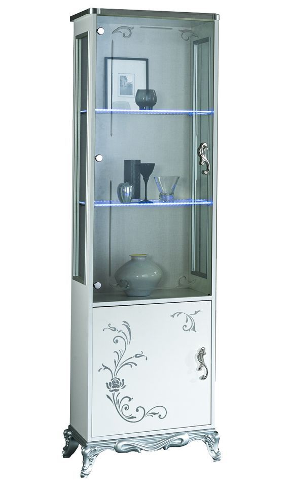 Bahut haut à LED 1 porte bois laqué blanc et argent Dannie - Photo n°1