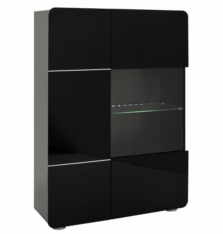 Bahut haut lumineux 2 portes bois laqué noir Sanow - Photo n°1