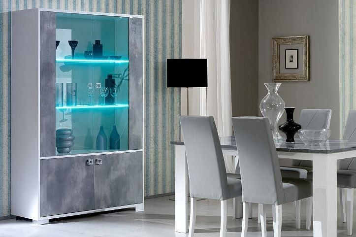 Bahut haut2 portes à LED bois brillant gris et blanc Sting - Photo n°1