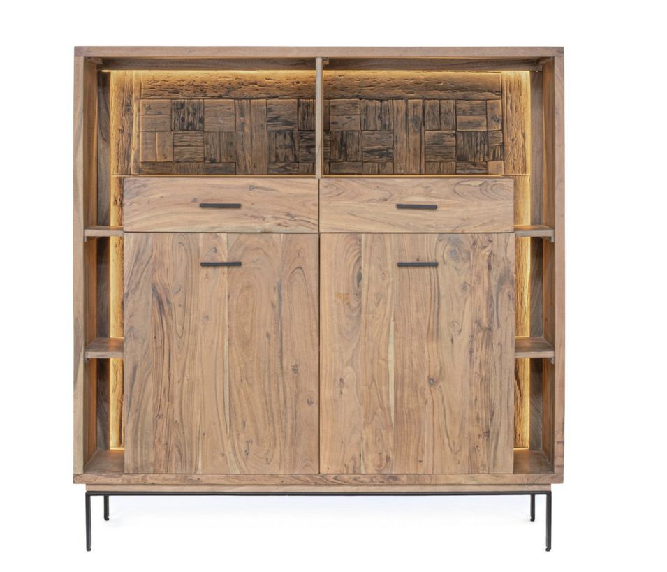 Bahut lumineux 2 portes 2 tiroirs MANGAL 145 cm – Bois massif d'acacia & acier - Photo n°1