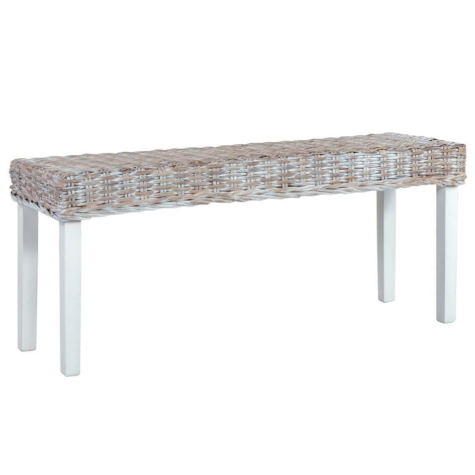Banc 110 cm Blanc Rotin naturel kubu et bois de manguier massif - Photo n°1