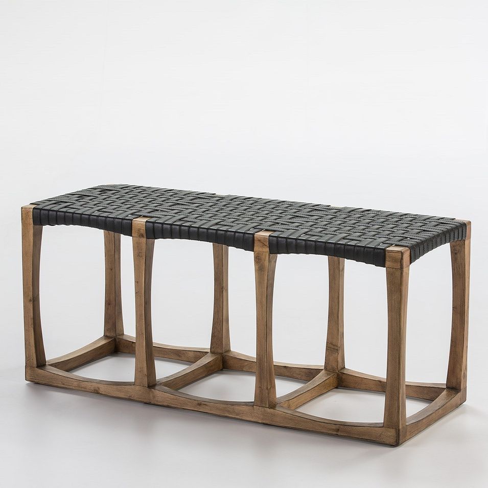 Banc 3 places cuir noir et pieds bois massif clair - Photo n°1