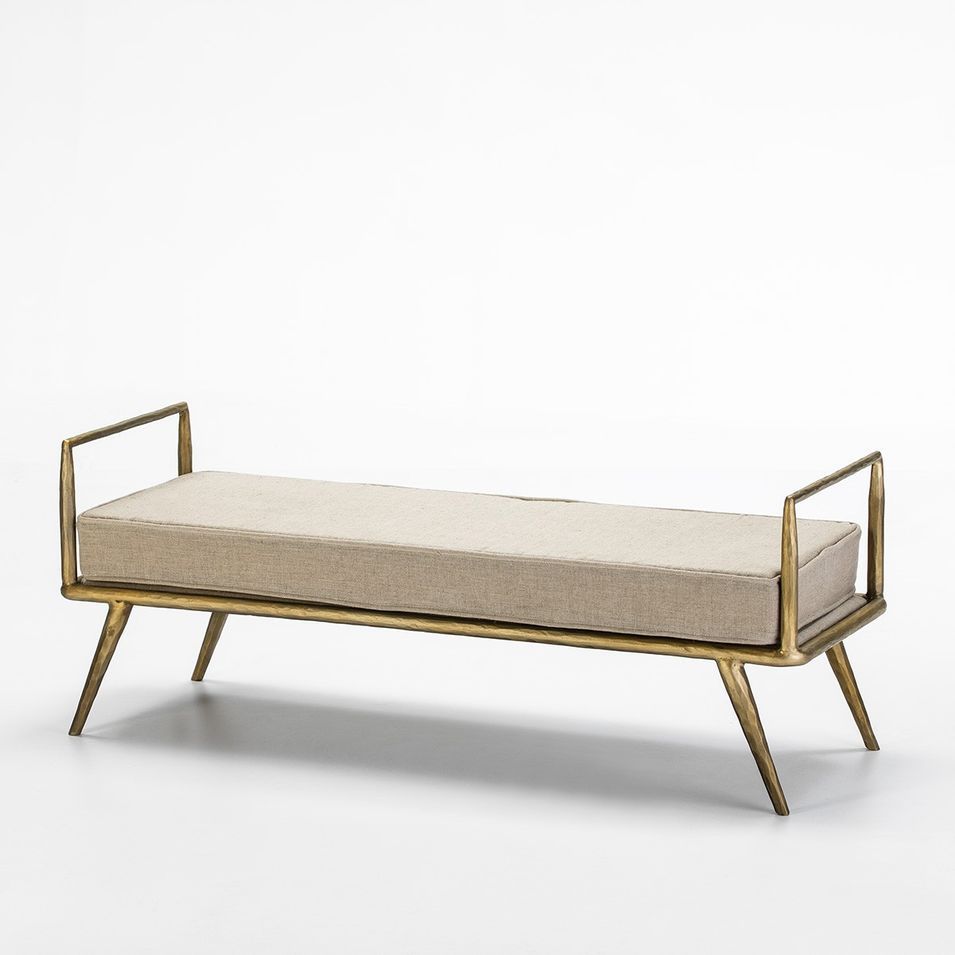 Banc 3 places métal doré et coussin tissu beige - Photo n°1