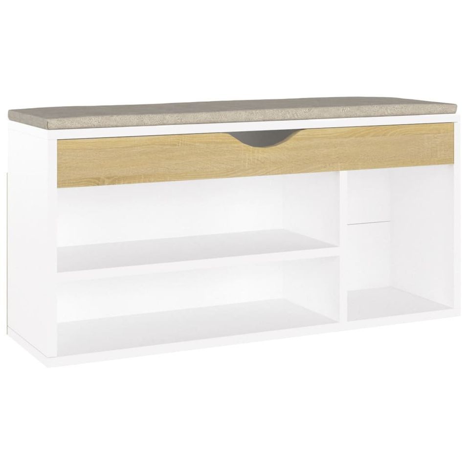 Banc à chaussures coussin Blanc et chêne 104x30x49 cm - Photo n°1