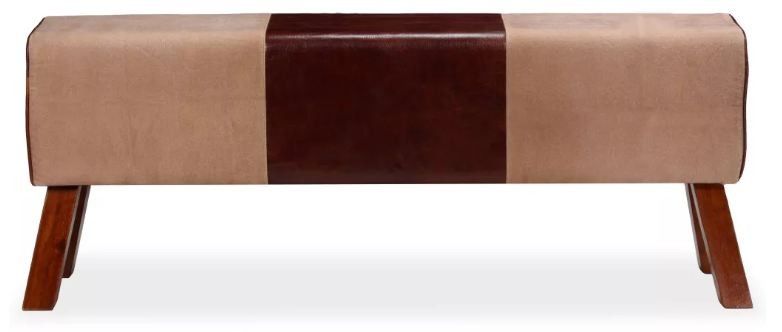 Banc assise tissu beige et cuir marron pieds bois foncé Cuira 120 cm - Photo n°1