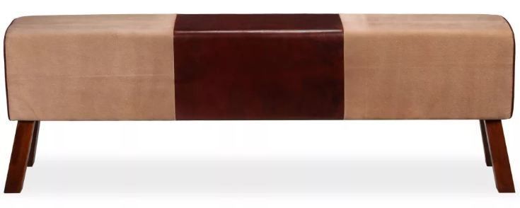 Banc assise tissu beige et cuir marron pieds bois foncé Cuira 160 cm - Photo n°1