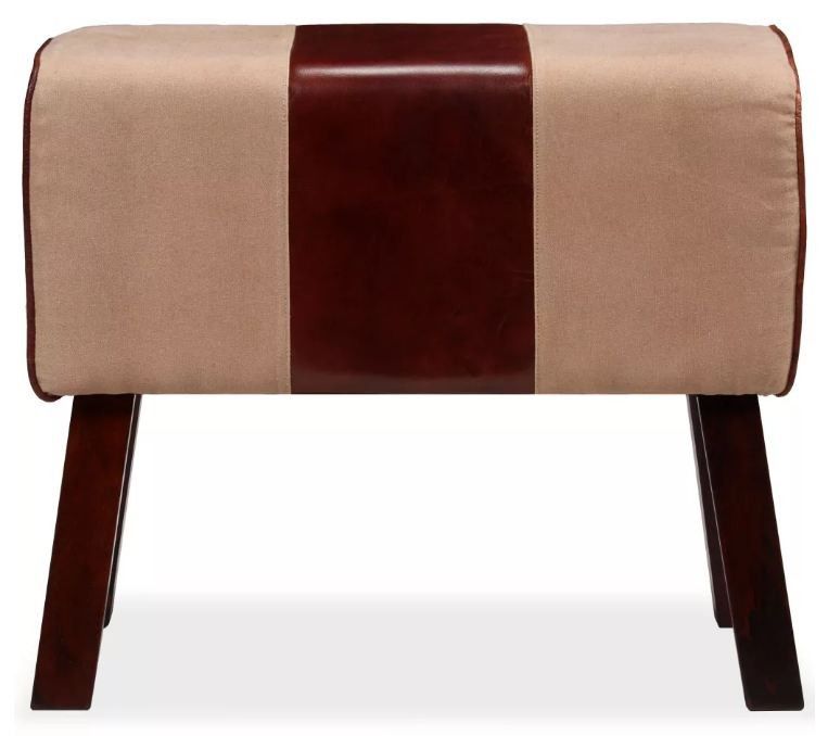 Banc assise tissu beige et cuir marron pieds bois foncé Cuira 60 cm - Photo n°1