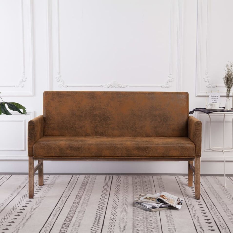 Banc avec accoudoirs vintage simili cuir marron vieilli et pieds pin massif Barielle 140 cm - Photo n°6