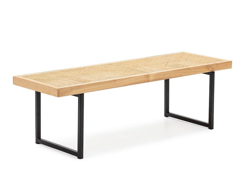 Banc bois de chêne rotin et pieds métal noir Kara 140 cm - Photo n°1