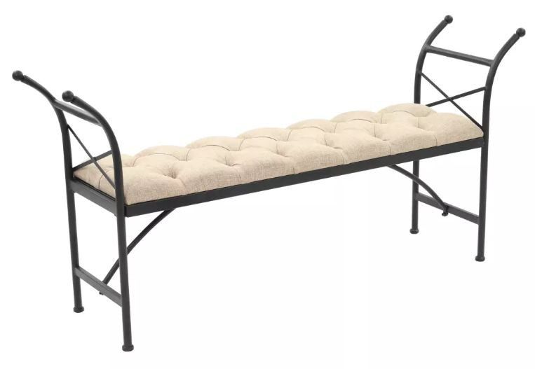 Banc capitonné tissu beige et pieds métal noir Manawa 148 cm - Photo n°1