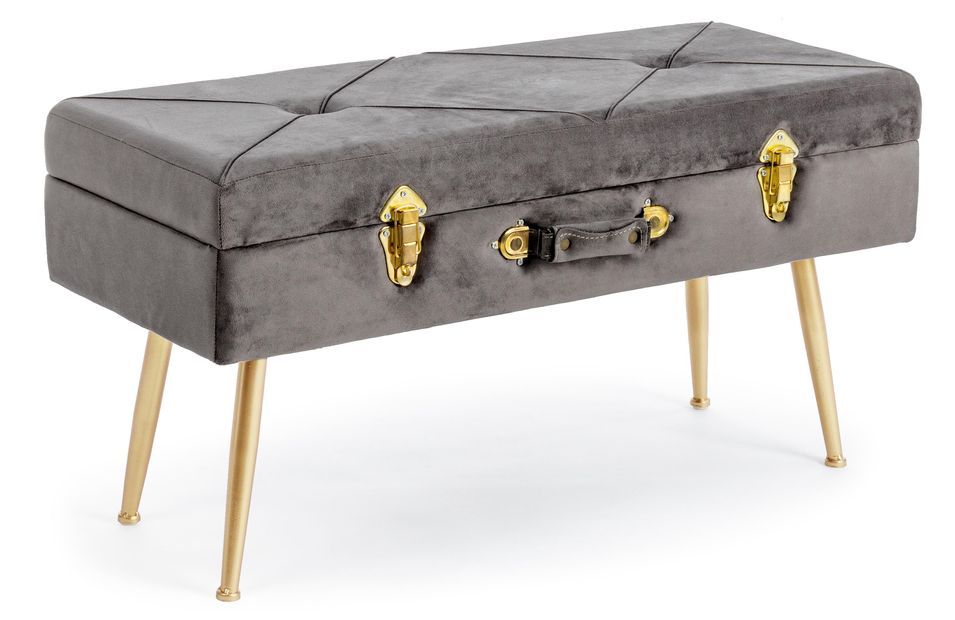 Banc coffre bois MDF gris et pieds acier doré Polia - Lot de 2 - Photo n°1