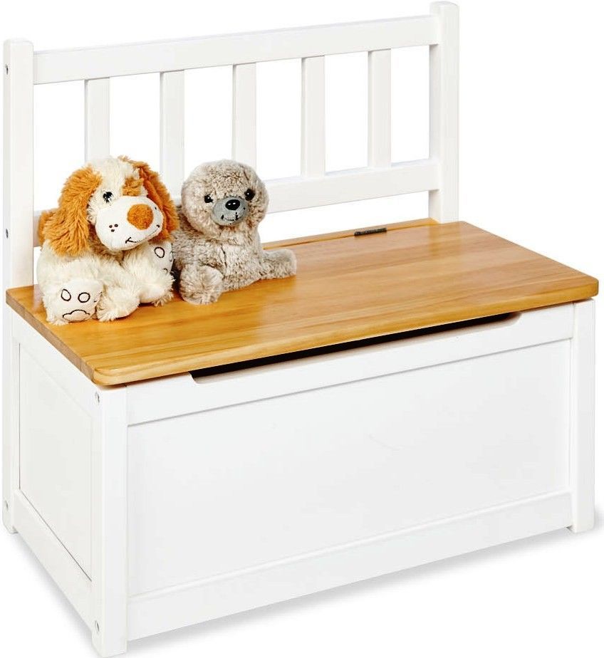 Banc coffre enfant pin massif laqué blanc et clair Fenna - Photo n°1