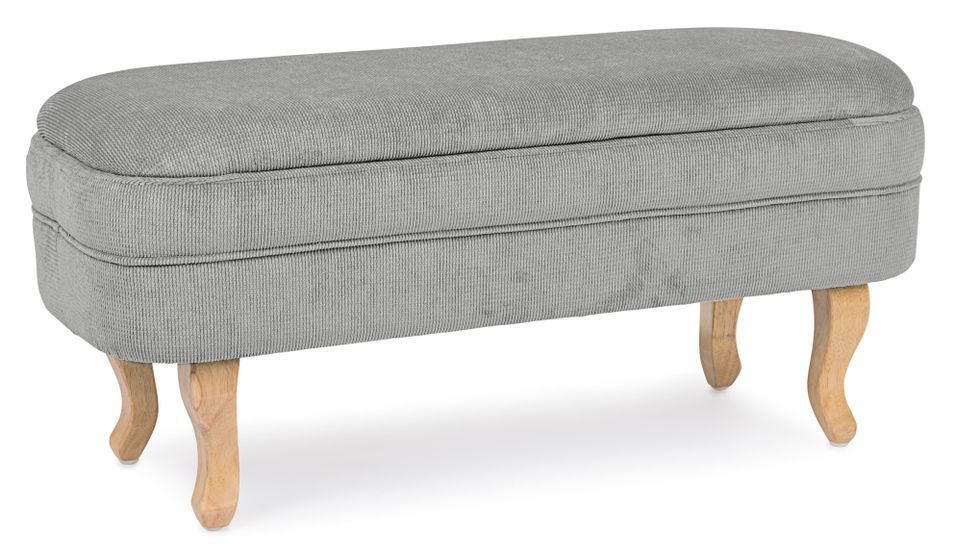 Banc coffre tissu doux gris clair et pieds en bois de sapin Kania 102 cm - Photo n°1