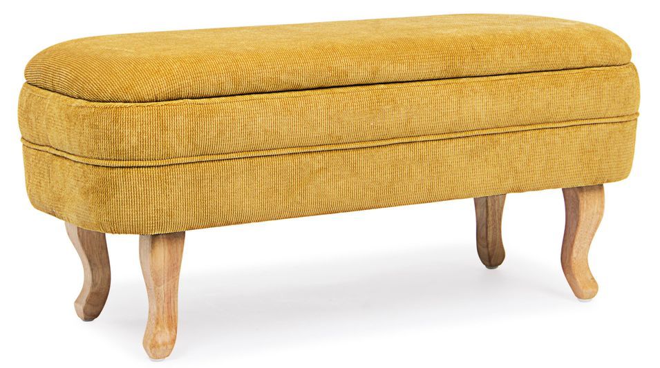 Banc coffre tissu doux jaune moutarde et pieds en bois de sapin Kania 102 cm - Photo n°1