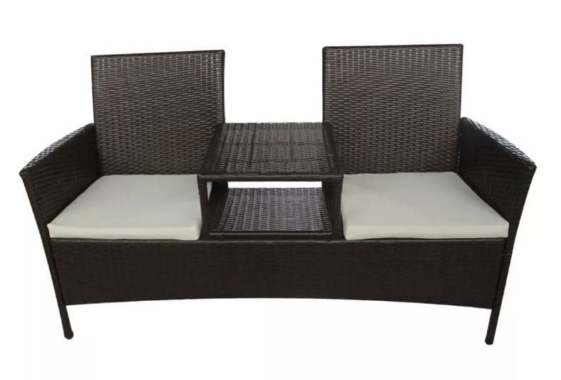 Banc de jardin 2 places résine tressée marron et coussins blanc Kim - Photo n°1