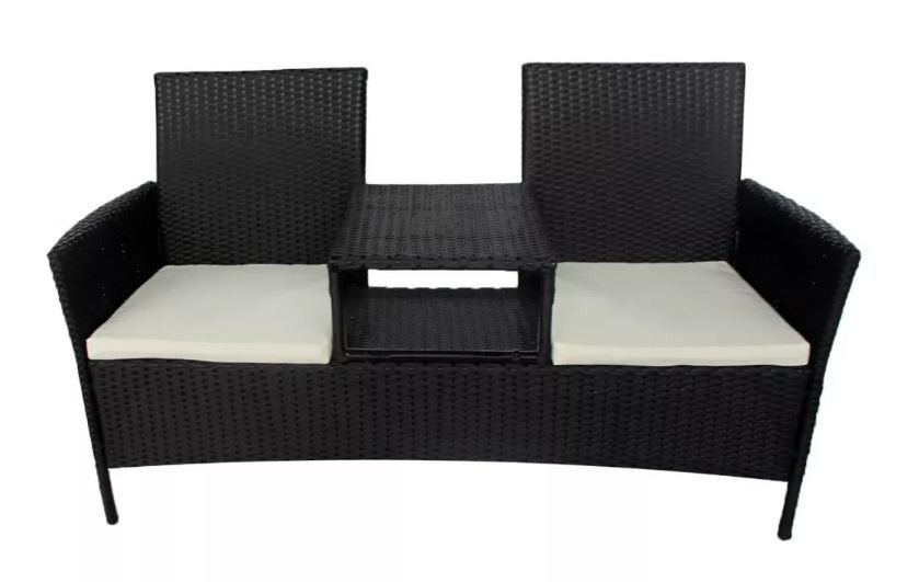 Banc de jardin 2 places résine tressée noir et coussins blanc Kim - Photo n°1