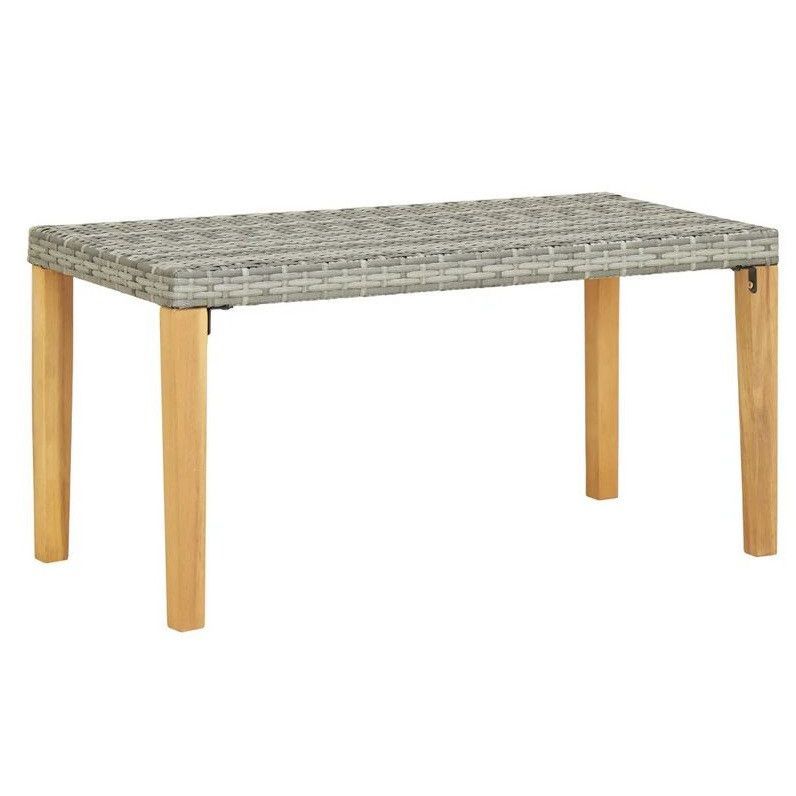 Banc de jardin résine tressée grise et pieds acacia Lakt 120 cm - Photo n°1