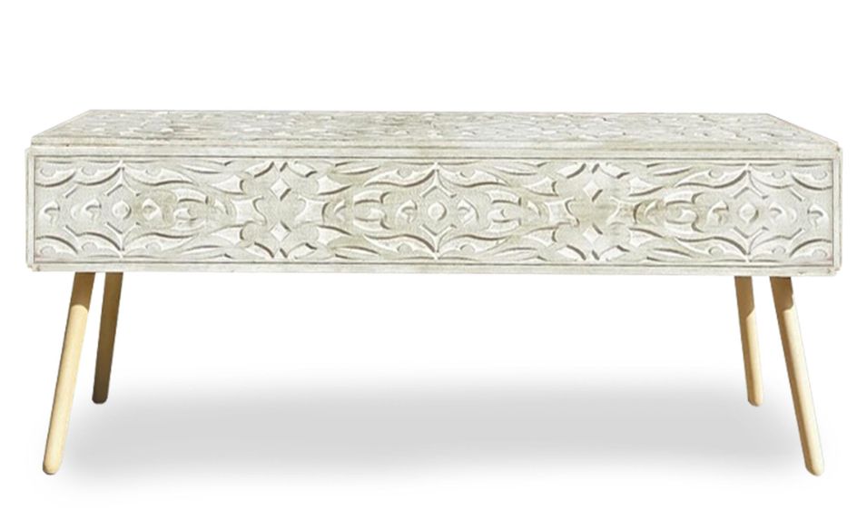 Banc de rangement 2 tiroirs blanc et pieds bois clair Adidja - Photo n°1