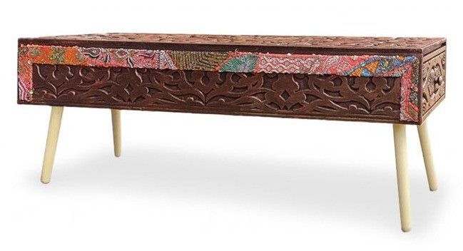 Banc de rangement 2 tiroirs bois cuivré et tissu Adidja 140 cm - Photo n°1
