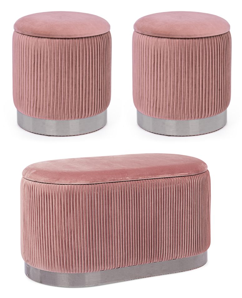 Banc de rangement avec 2 poufs tissu rose Paz - Photo n°1
