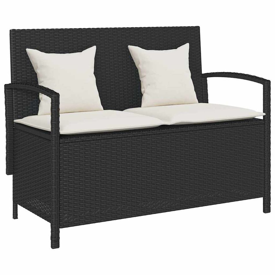 Banc de rangement de jardin avec coussin noir résine tressée - Photo n°1