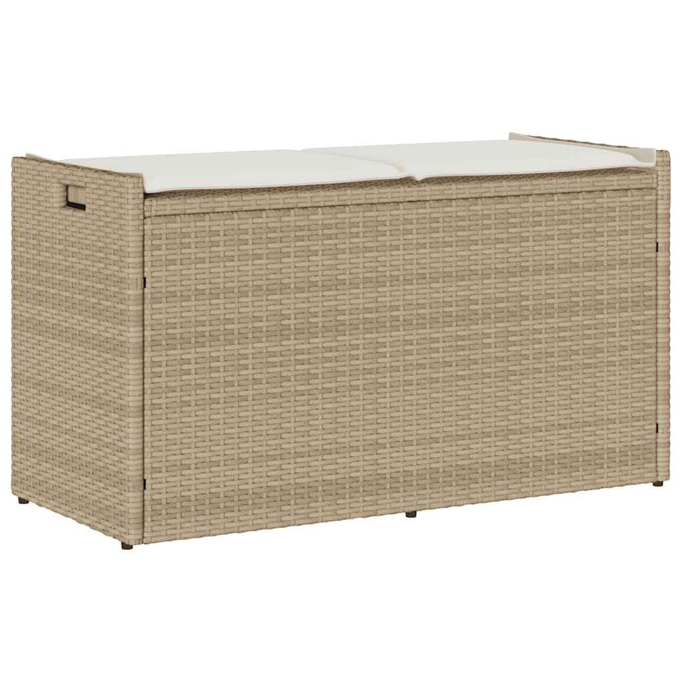 Banc de rangement extérieur coussin beige 100 cm résine tressée - Photo n°1