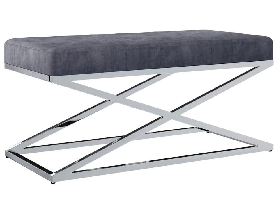Banc design velours gris et pieds croisés acier inoxydable Lauki 97 cm - Photo n°1