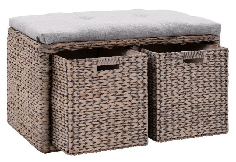 Banc exotique 2 tiroirs jacinthe d'eau et assise tissu gris Kiva - Photo n°1