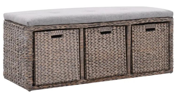 Banc exotique 3 tiroirs jacinthe d'eau et assise tissu gris Kiva - Photo n°1