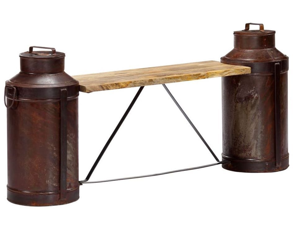 Banc industriel bois de manguier et bouteilles de lait recyclées 150 cm - Photo n°1