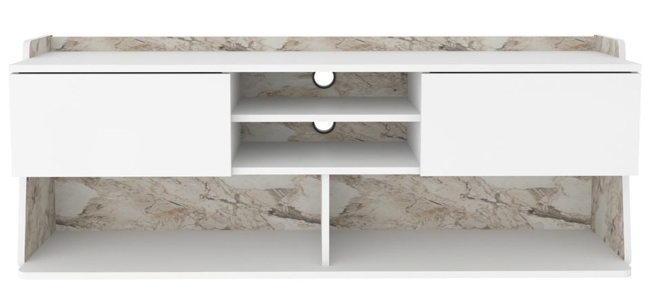 Banc TV 2 portes 2 étagères 2 niches bois blanc et beige effet marbre Palika 160 cm - Photo n°1