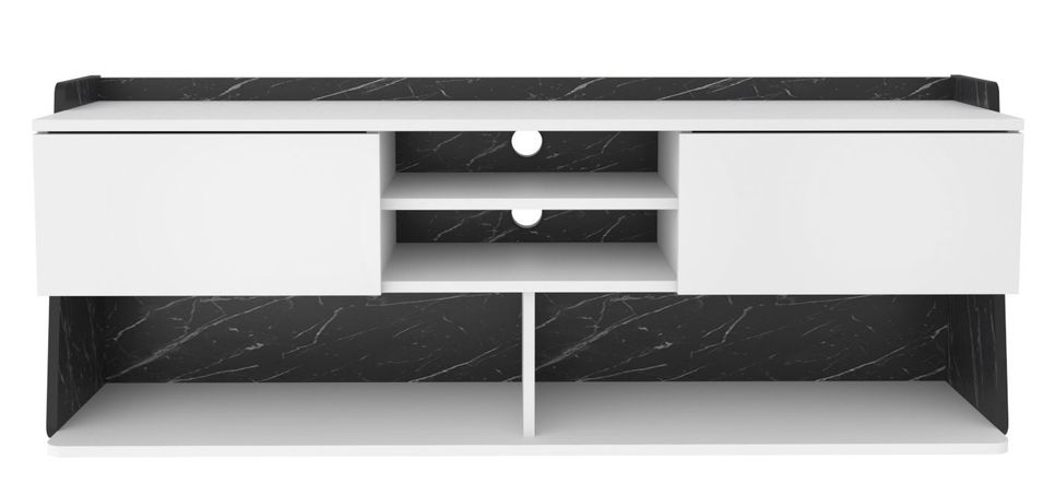 Banc TV 2 portes 2 étagères 2 niches bois blanc et noir effet marbre Palika 160 cm - Photo n°1