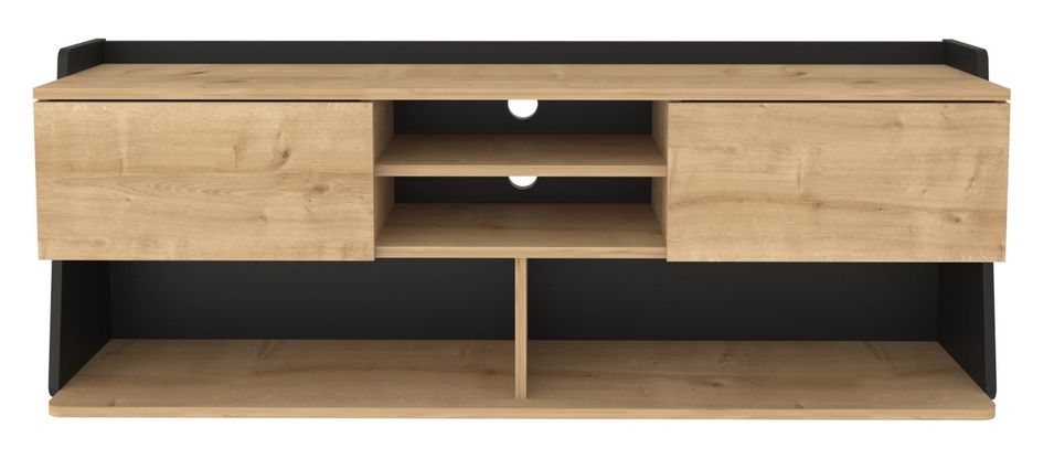 Banc TV 2 portes 2 étagères 2 niches bois noir et naturel Palika 160 cm - Photo n°1