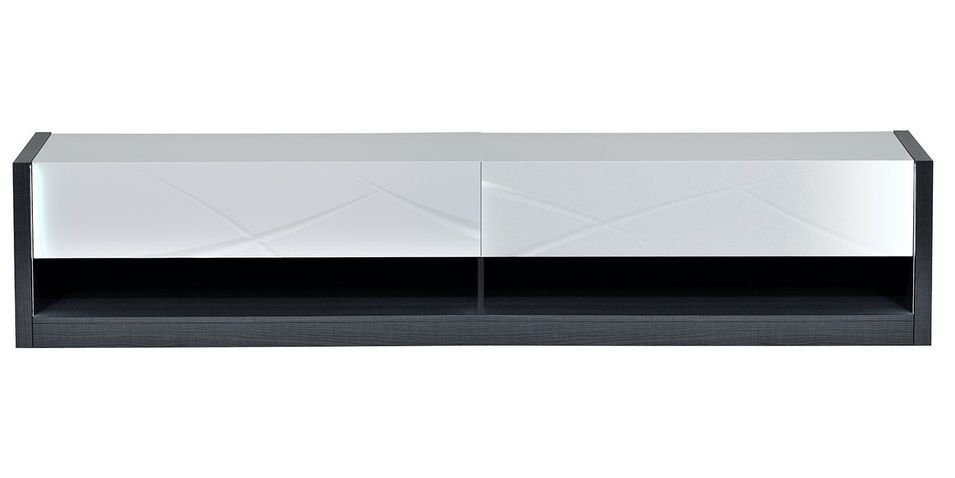 Banc TV avec éclairage à Led 2 tiroirs 2 niches bois laqué blanc et anthracite mate Klype 150 cm - Photo n°1