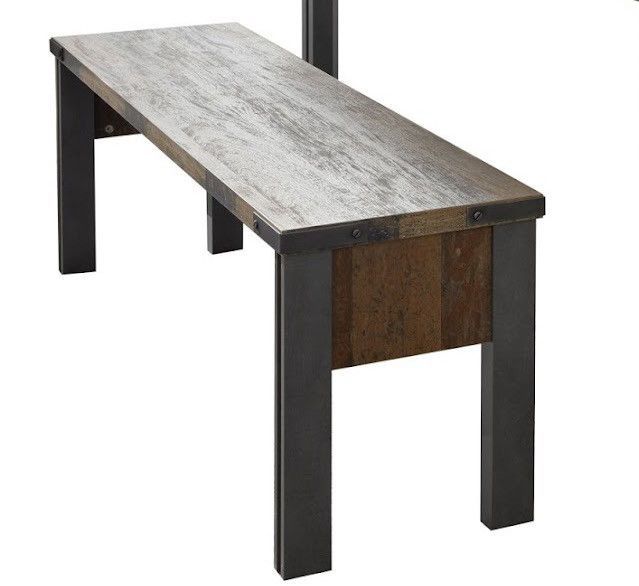 Banc vintage vieux bois usé et métal gris avec rivets 140 cm - Photo n°1