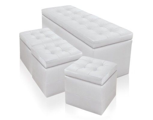 Banquette blanc et 3 poufs capitonnés KENJY - Photo n°1
