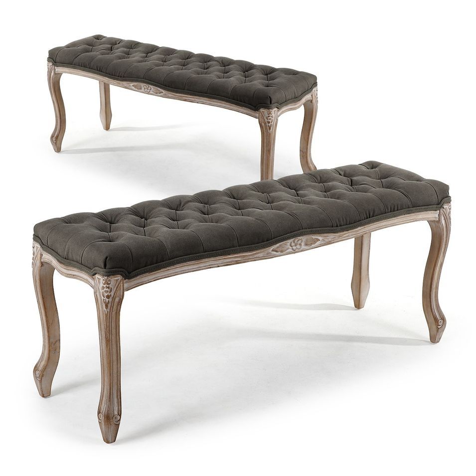 Banquette capitonnée bois et tissu gris foncé Louis XVI - Lot de 2 - Photo n°1