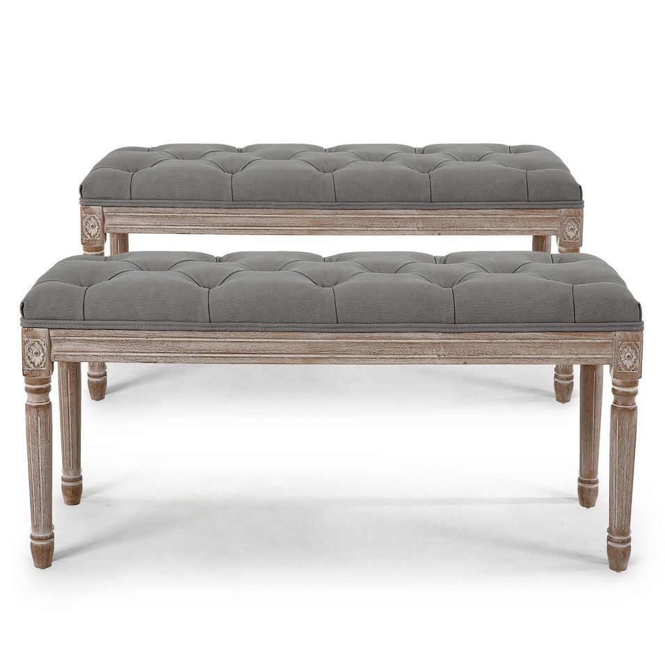Banquette capitonnée bois patiné tissu gris Kosta - Lot de 2 - Photo n°1