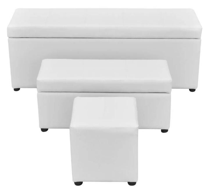 Banquette coffre avec pouf capitonné simili cuir blanc Mandai - lot de 3 - Photo n°1