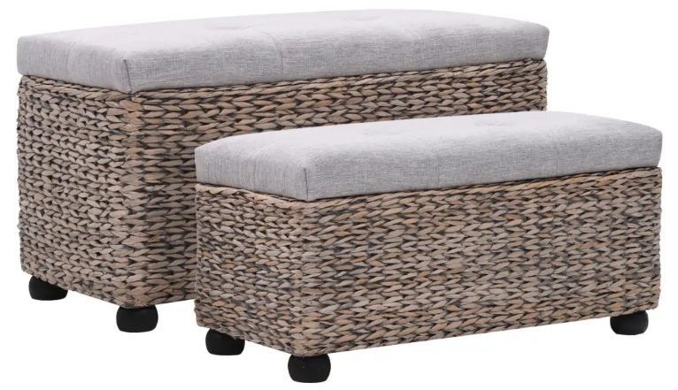 Banquette coffre capitonné jacinthe d'eau et tissu gris pieds bois massif foncé Kiva - Lot de 2 - Photo n°1
