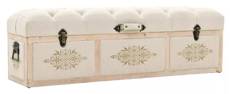 Banquette coffre capitonnée bois massif clair assise tissu blanc Pounda - Photo n°1