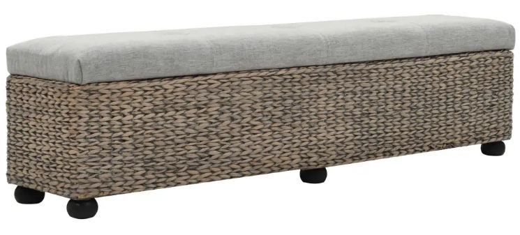 Banquette coffre capitonnée jacinthe d'eau assise tissu gris et pieds bois foncé Kiva - Photo n°1